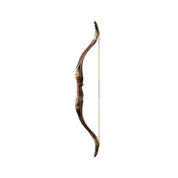 Traditional Wooden Recurve Bow Isolated with Decorative Horn Tips, Leather Grip, Tribal Patterns and Natural Bowstring