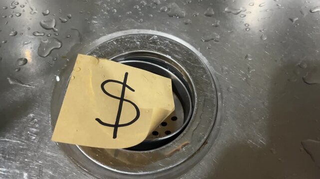 Dollar sign note on sink drain water saving concept