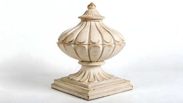 Wooden finial architectural element features classic carved urn details on a square pedestal base isolated against a bright white background with copy space.