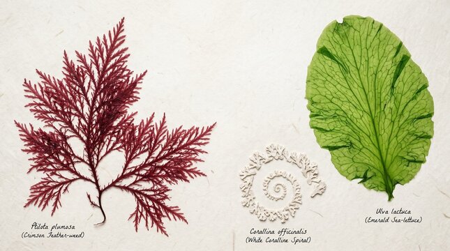 Seaweed and leaf botanical illustrations, natural textures