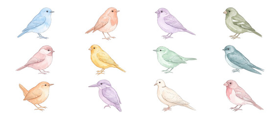 Fototapeta premium Watercolor birds collection black background isolated pastel songbirds clip art set for graphic design cute delicate nature wildlife illustration elements in soft rainbow colors artistic vintage style