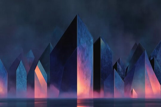 Abstract crystalline skyline glowing blue and coral through mist