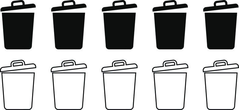 Set of black silhouette and outline trash can recycling bin icons with waste bin garbage can trash icon disposal bin waste management line art