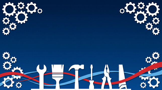 Blue industrial background with white tools and gears border design