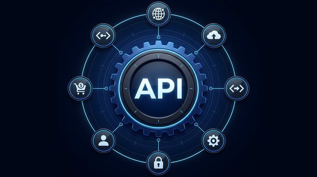 Api application programming interface technology network concept with central glowing gear symbol application programming interface technology software development security