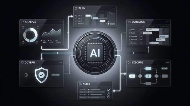 Artificial intelligence central processing unit concept with holographic data interfaces and nodes AI chip cpu core data interface neural network digital processor futuristic