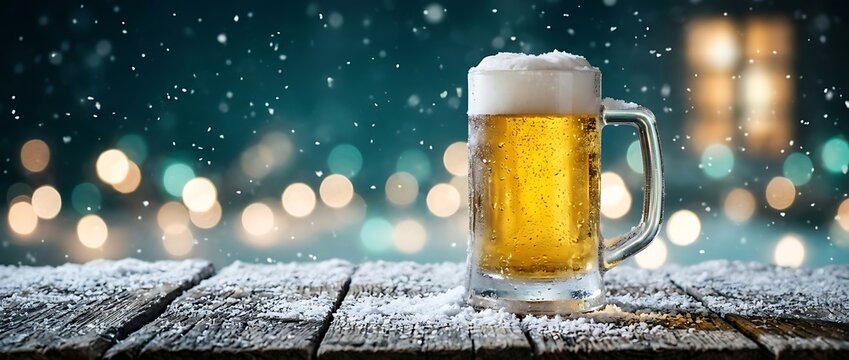 Frothy beer mug on snow covered wooden table at night with bokeh lights
