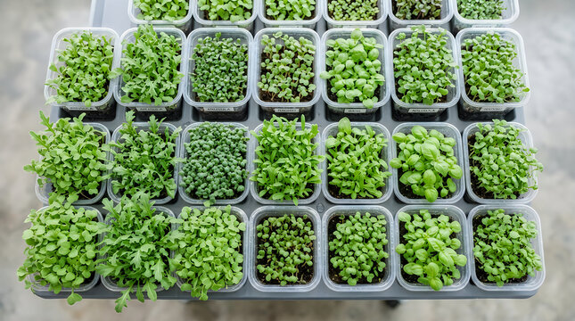 Overhead view of many small plastic containers filled with young green plants