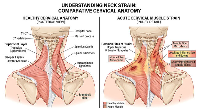 Educational Medical Illustration Comparing Normal Cervical Muscle Anatomy to Acute Neck Strain Injuries and Inflammation
