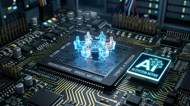 Holographic business meeting projection on advanced computer processor chip illustrating artificial intelligence and digital technology innovation