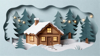 Fototapeta premium Winter Cabin in Snow Paper Cut Forest Art