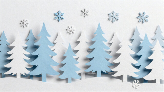 Winter forest scene with snowflakes and pine trees