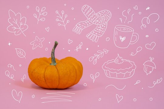 A small orange pumpkin sits on a pink surface surrounded by hand drawn doodles of leaves, a scarf, mug, pie and hearts, a concept of cozy autumn season.