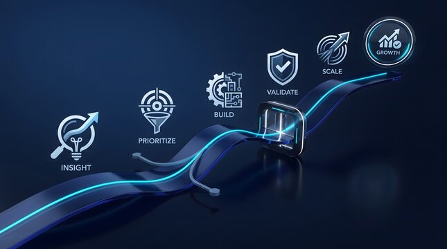 Abstract technology roadmap with glowing data nodes and glowing business milestone icons on blue background digital path innovation pipeline strategic plan futuristic network