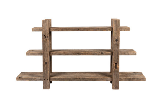 Rustic wooden wall shelf with multiple tiers for vintage home decoration and organized storage unit.