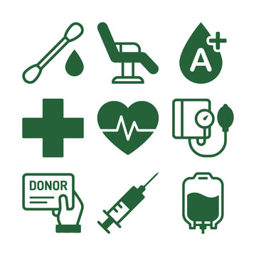 Medical icons set featuring blood donation, syringe, heart monitor, and healthcare symbols in green