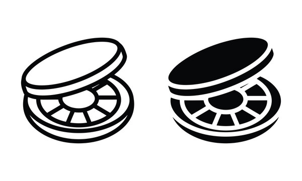 Cosmetic powder compact mirror case icons black outline graphic.
