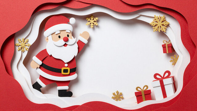 Santa Claus Paper Cut Style Christmas Background with Gifts