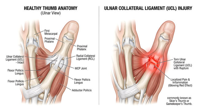 Anatomical Comparison Showing a Healthy Thumb Joint Versus a Ruptured Ulnar Collateral Ligament Causing Localized Inflammation and Injury