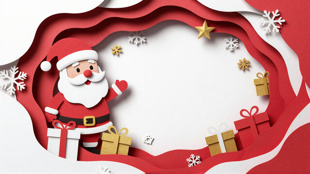 3D Christmas Paper Cut Santa Claus with Gifts and Snowflakes