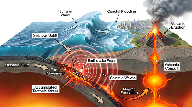 Cross-Sectional Diagram Illustrating Geological Processes Including Tectonic Plate Subduction, Volcanic Eruptions, and Underwater Earthquake Activity