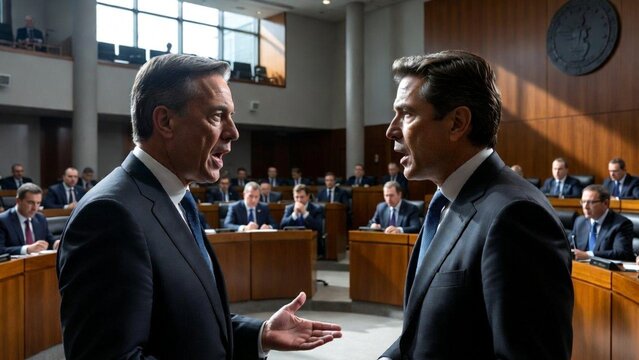 A tense political debate inside a modern parliamentary chamber showcasing two men in formal suits engaged in a heated discussion, surrounded by attentive members in the audience, capturing the intensi