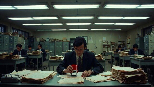 A sterile government office environment showcasing a focused male worker stamping documents at a cluttered desk, surrounded by coworkers engaged in similar bureaucratic tasks in a dimly lit room.
