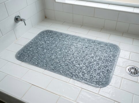 A non-slip bath mat with suction grip on a shower floor, sharp texture detail, single clear subject, no people, no text or logos, crisp even lighting, sharp focus throughout, no