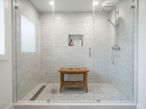 A shower bench stool inside a walk-in shower enclosure, even light, single clear subject, no people, no text or logos, crisp even lighting, sharp focus throughout, no blur