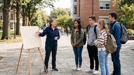 Fototapeta premium Professor explains campus map to diverse group of college students outdoors