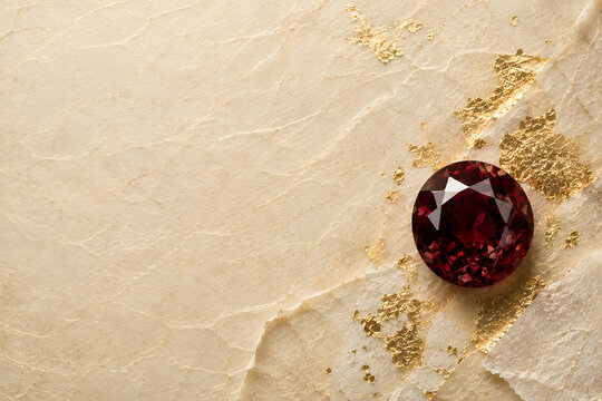 Garnet January Birthstone on Japanese Washi Paper with Gold Leaf and Copy Space