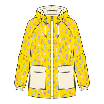 Yellow hooded raincoat with colorful droplet pattern vector