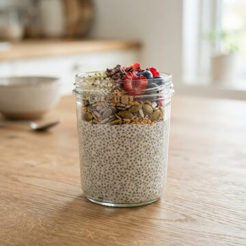 A glass jar of overnight chia pudding topped with seeds, clean composition, single clear subject, no people, no text or logos, crisp even lighting, sharp focus throughout, no blur