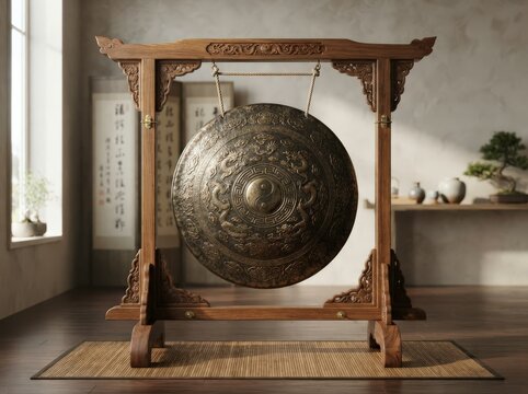 A large ornate gong suspended on a wooden stand in a serene room, dramatic side light, single clear subject, no people, no text or logos, crisp even lighting, sharp focus