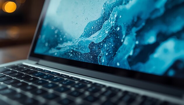A laptop screen displays a dynamic blue abstract liquid or fluid background with water droplets, suggesting fluidity and digital art.