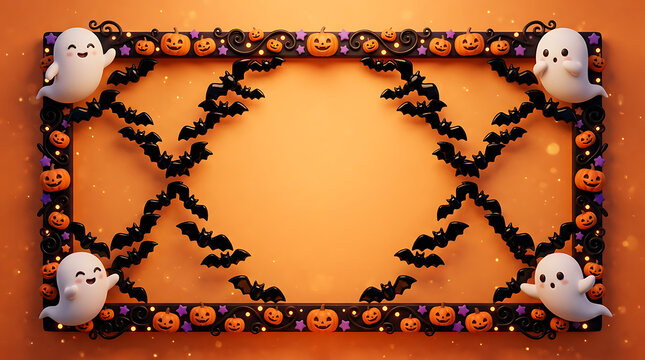 Cute ghosts and bats frame with pumpkins and stars during Halloween season for festive invitations and decorations