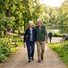 Obraz premium Senior couple walking together in a sunny park