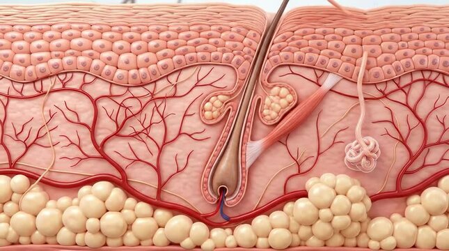 Hair follicle growing through skin layers