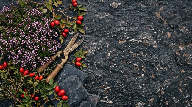 Cinematic top down view of Central Otago wild thyme and rosehips on schist rock
