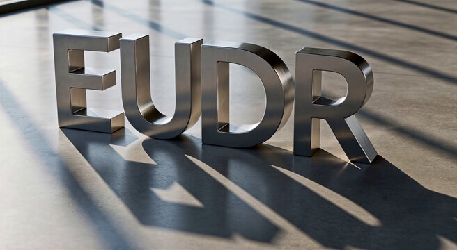Metallic letters eudr casting long shadows on floor