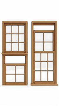 Two wooden sash windows with grid panes on white background