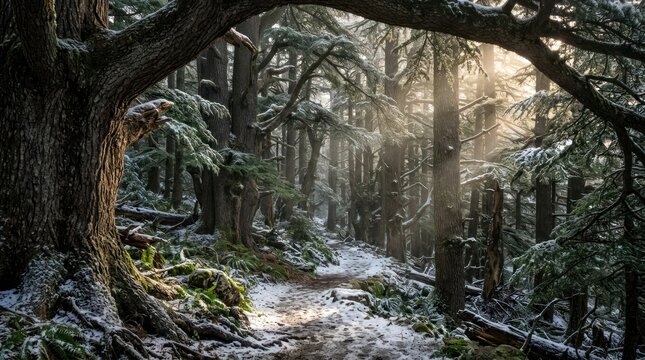 Forest path sunlight snow evergreen trees nature