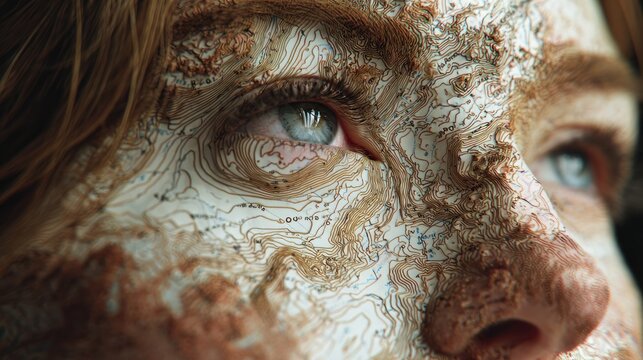 Eye detail with gold topographic contour map lines.
