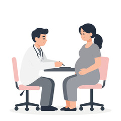 Fototapeta premium Male doctor in a white coat and stethoscope consulting a pregnant woman during a medical checkup in a clinic, professional healthcare consultation for prenatal care and maternal health