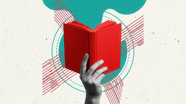 A student reading an open book in a creative 3D collage poster template for library study