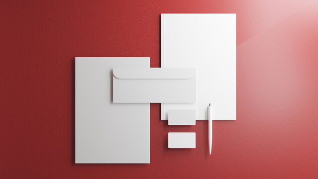 3D mockup template of a stationery set. letterhead, business cards, envelope, pen, Folder and a Business card on White. Lipstick Red Background color