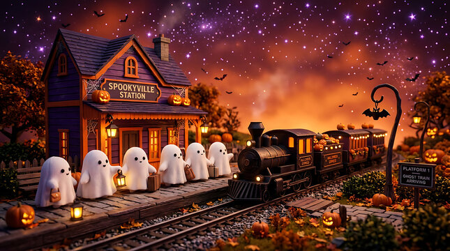 Cute ghosts with lanterns waiting for a train at a spooky station during a vibrant Halloween night