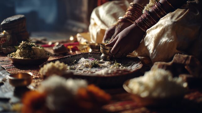 Hands preparing sacred offerings on a platter during a Hindu ritual.