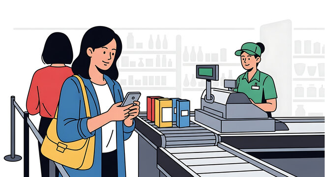 A young woman stands inside a busy grocery market checking her phone while waiting in a long line to purchase items from a friendly cashier at the checkout counter during a normal shopping day