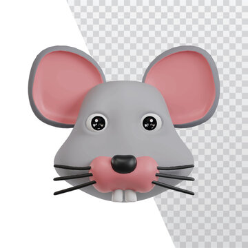 Cute 3D mouse face icon with pink ears and whiskers, isolated cartoon animal avatar on transparent background